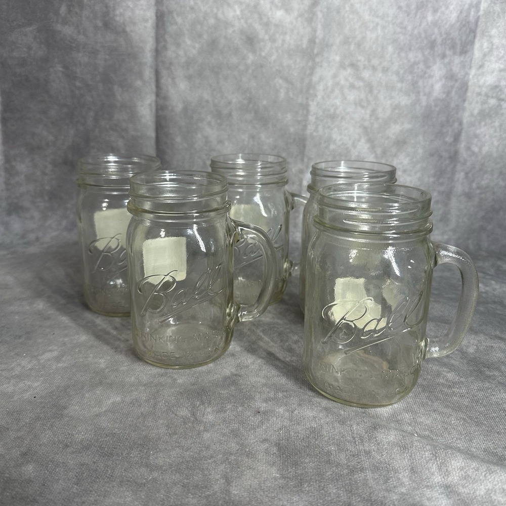 5 Ball Mason Jar Drinking Mugs Glasses Handle Cups Clear Glass